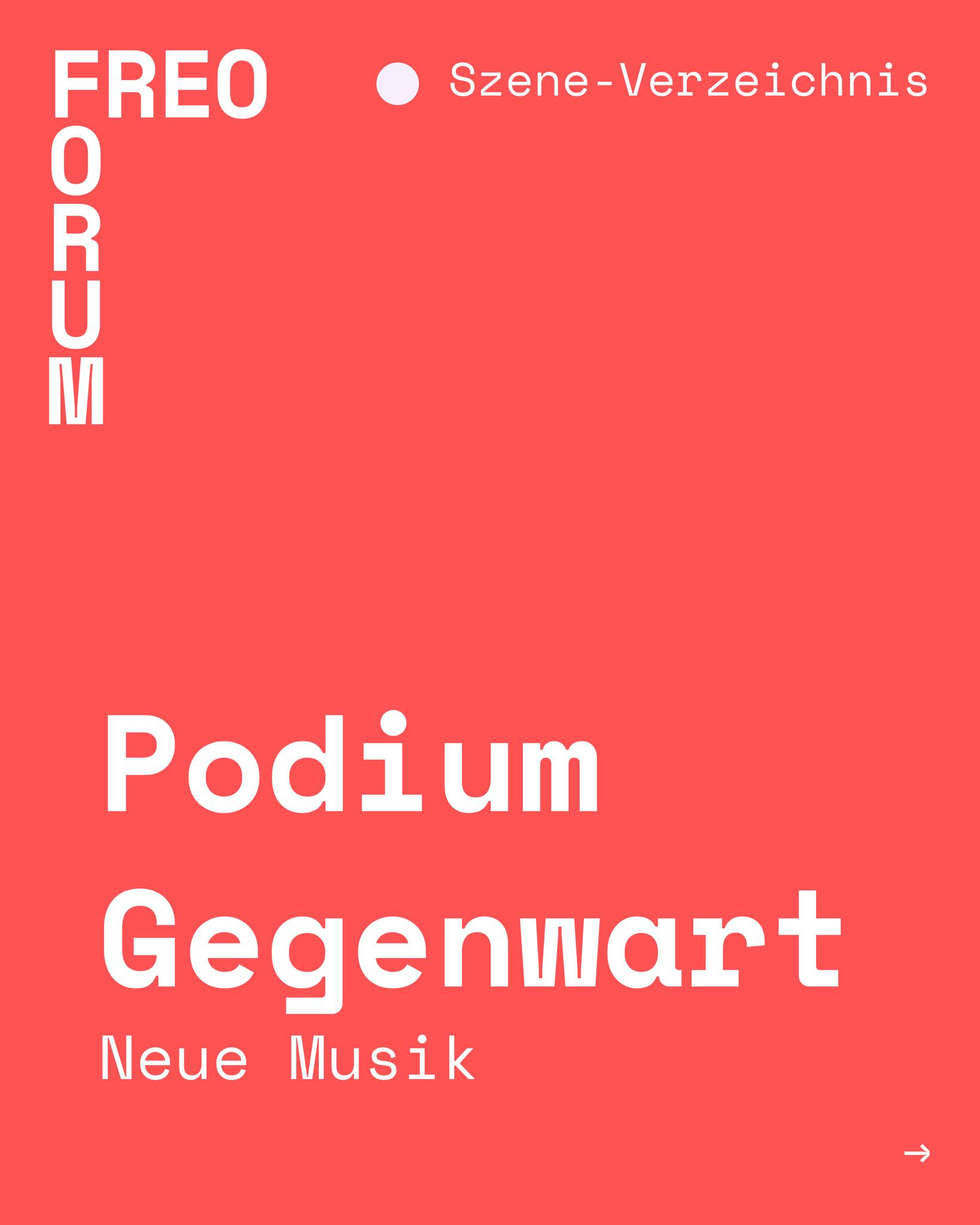 🎶 Podium Gegenwart ist ein Projekt des Deutschen Musikrats, das zeitgenössische Musik in Deutschland fördert und vermittelt. So entstehen mit der Edition Zeitgenössische Musik Porträt-Reihen, die das Schaffen von KomponistInnen sichtbar machen. Das InSzene-Programm fördert außerdem junge Ensembles der zeitgenössischen Musik auf dem Weg in die Selbstständigkeit. 
Weitere spannende Initiativen und Anlaufstellen wie diese findest du bei uns im FREO Szene-Verzeichnis (Link in Bio)!